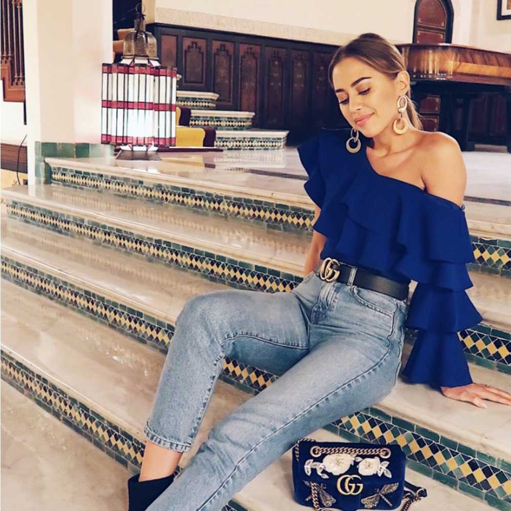 River island Blue Ruffled One-Shoulder Top